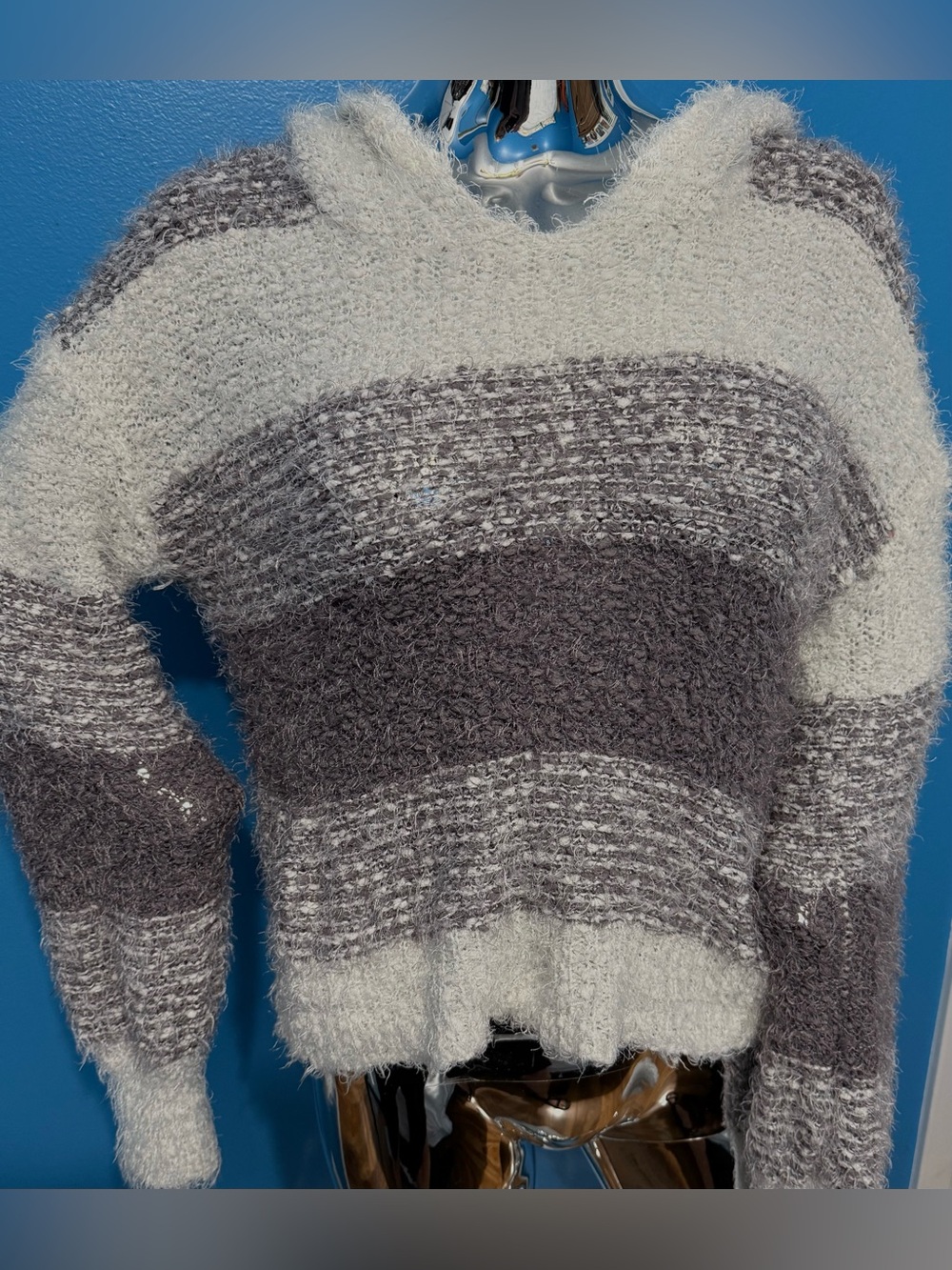 Moral Fiber Fuzzy Striped Crew Sweater in Gray & Cream